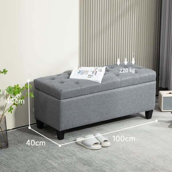 HOMCOM Sitzbank Polsterbank mit Stauraum Truhenbank Flur Schlafzimmer Wohnzimmer leinenartiges Polyester Gummiholz Hellgrau 100 x 40 x 44 cm