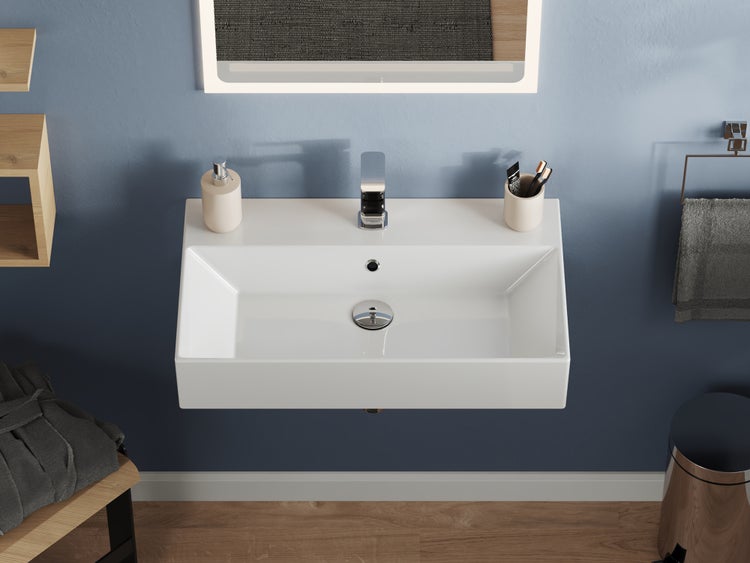 Aqua Bagno Loft KS.70 Waschtisch 70x42 cm – Keramik, Weiß Hochglanz, mit Hahnloch & Überlauf, wandhängend oder als Aufsatzwaschbecken