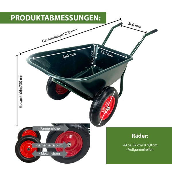 2 Rad Schubkarre 100l 160 kg Gartenkarre mit Vollgummi Rädern und Kunstoffwanne
