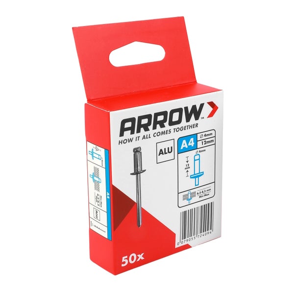 Arrow Blindnieten aus Aluminium A4, Durchmesser 4 Millimeter, Länge 12 Millimeter, 50 Stück.
