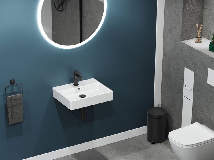 Aqua Bagno Solo Waschbecken 10.05.30.04 – 50 x 40 cm – Weiß Hochglanz – Keramikbecken mit Hahnloch & Überlauf