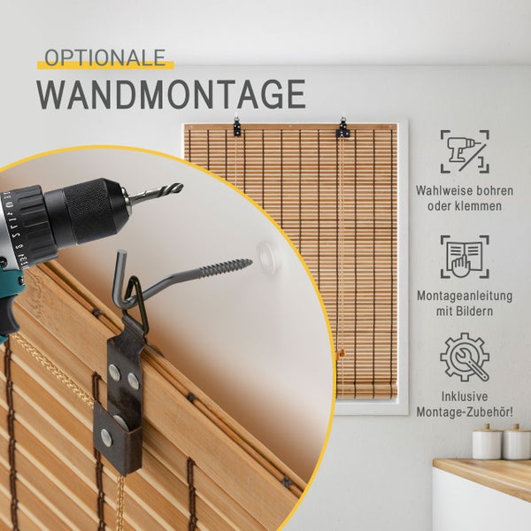 Bambusrollo mit optionaler Wandmontage durch Bohren oder Klemmen inklusive Montagezubehör und bebilderter Anleitung.