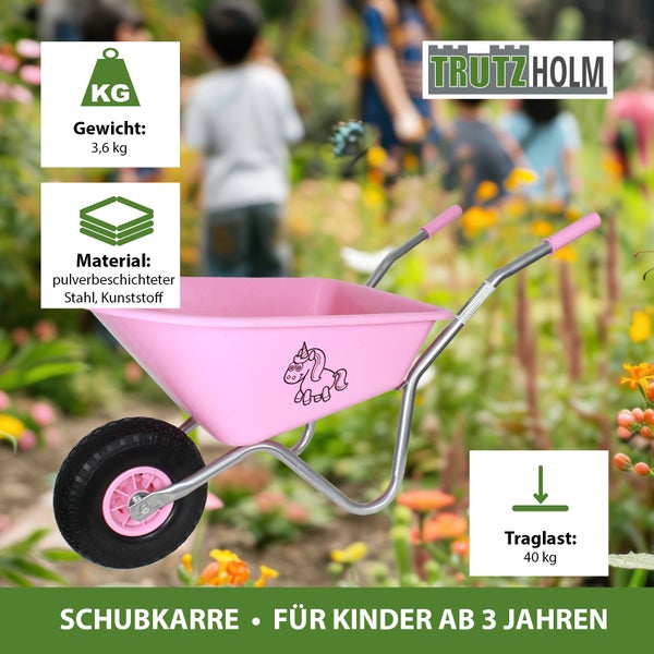 Kinderschubkarre mit Einhornmotiv, aus pulverbeschichtetem Stahl und Kunststoff, Traglast 40 Kilogramm