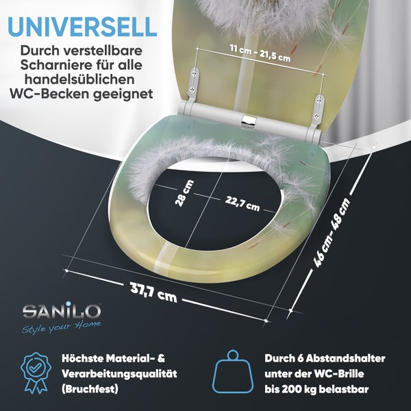 Sanilo WC-Sitz mit Pusteblumen-Motiv, universell passend, Maße 37,7 Zentimeter Breite, 46 bis 48 Zentimeter Länge, belastbar bis 200 Kilogramm, Sanilo Logo.