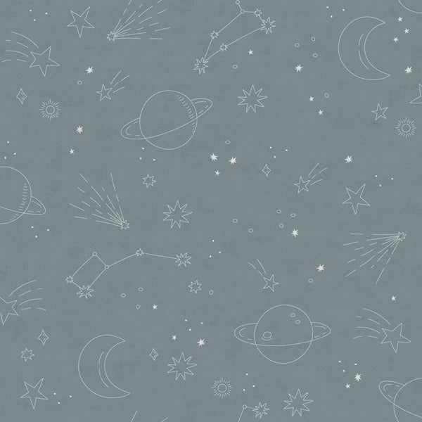 Abbildung eines Musters mit Sternen, Planeten, Kometen, Sonne, Mond und Sternbildern.