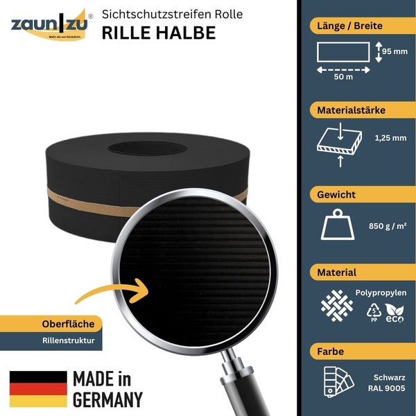 Zaun zu Sichtschutzstreifen Rolle Rille Halbe, 50 Meter Rolle