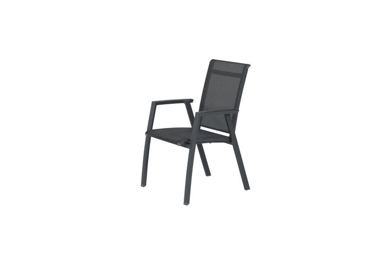 Stapelbarer Gartenstuhl mit Armlehnen, Gestell aus Aluminium und Sitzfläche aus anthrazitfarbener Textilbespannung.