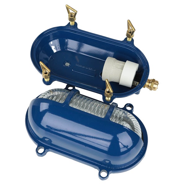 Geöffnete ovale Leuchte mit Lampenfassung und Glasabdeckung