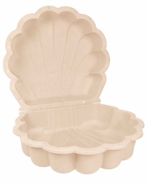Beige Sand- und Wassermuschel aus Kunststoff, zweiteilig, geöffnet.