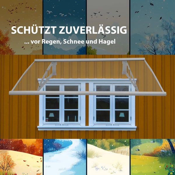 Vordach aus Glas mit Metallhalterungen über einem Fenster an einer Holzfassade bei verschiedenen Wetterbedingungen