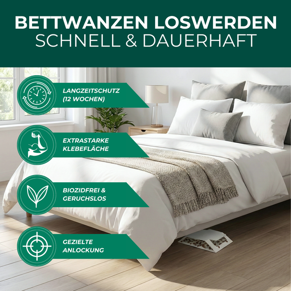 Bett mit Bettwanzenfalle darunter, die Bettwanzen schnell und dauerhaft loswerden soll, mit den Vorteilen: Langzeitschutz von zwölf Wochen, extra starke Klebefläche, biozidfrei und geruchlos sowie gezielte Anlockung.