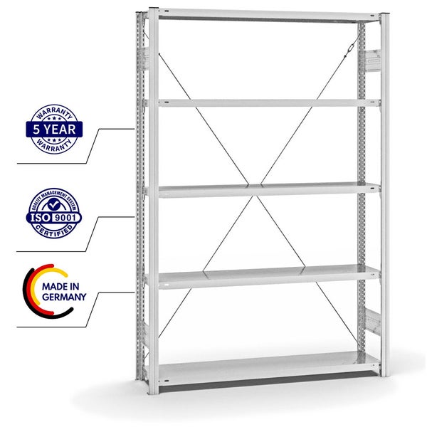 PROREGAL Fachbodenregal Stecksystem T-Profil Light-Duty Grundregal HxBxT 200 x 130 x 30 cm 5 Ebenen Fachlast 175 kg Einseitig Nutzbar Lichtgrau