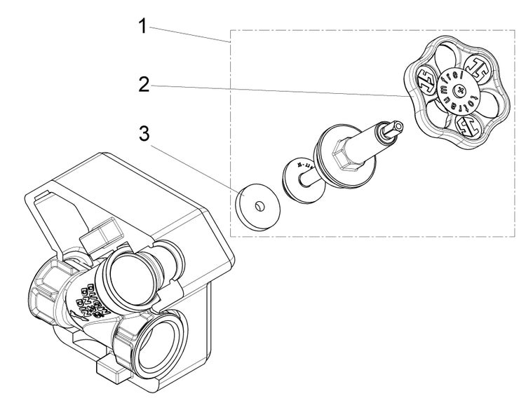 Technische Zeichnung eines Ventils mit Explosionsdarstellung von Ersatzteilen wie Handrad und Dichtung.