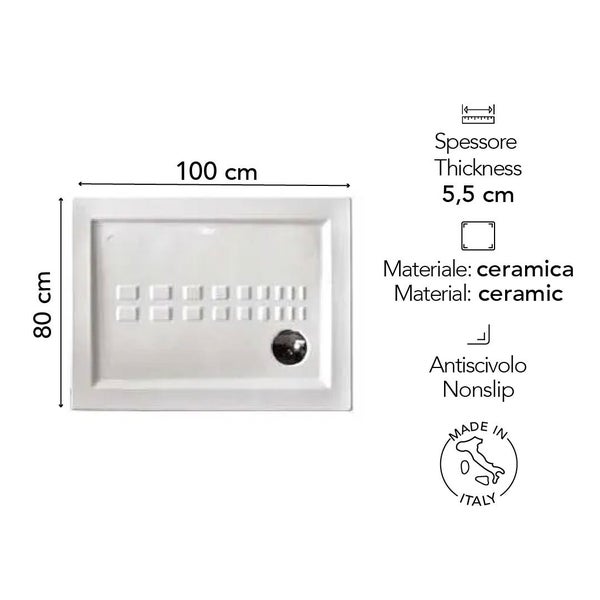 Rechteckige Duschwanne aus Keramik, 100 mal 80 Zentimeter, Höhe 5,5 Zentimeter, rutschhemmend, hergestellt in Italien.