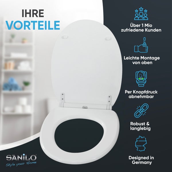 Geöffneter Toilettensitz mit Symbolen für einfache Montage, Abnehmbarkeit per Knopfdruck, Robustheit und Design aus Deutschland. Sanilo Logo.