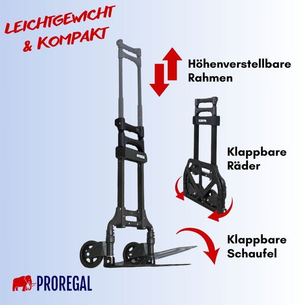 PROREGAL Klappbare Profi-Sackkarre ELEPHANT HxBxT 110x39x42cm Traglast 70kg Aluminiumrahmen, ergonomische Griffe, TRR Fachgummiräder Schwarz
