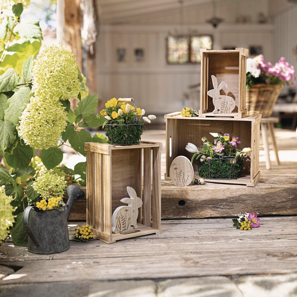 FRANK FLECHTWAREN | Osterdeko Hasen & Ei, 3er Set, MDF, 9,5 x 1,5 x 12 cm, 14 x 1,5 x 15 cm, 11,5 x 1,5 x 15,5 cm