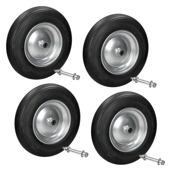 ECD Germany 4er Set Schubkarrenrad aus pannensicherem PU Vollgummi, Ersatzrad Gummirad mit Achse, 3.50-8, Ø350 x 80 mm, Schwarz, 150kg, Reifen mit Stahlfelge, PU-Rad Reifen für Schubkarre Gartenkarren