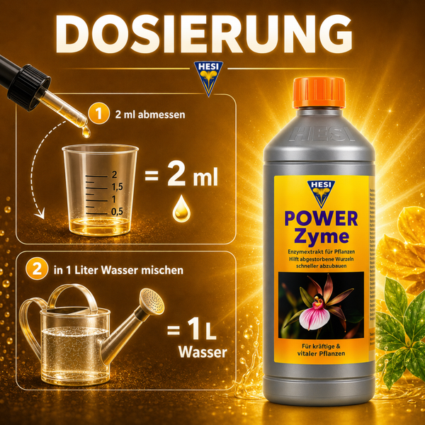Anwendungshinweise zur Dosierung von Hesi Power Zyme Enzymextrakt mit Dosierbecher und Gießkanne