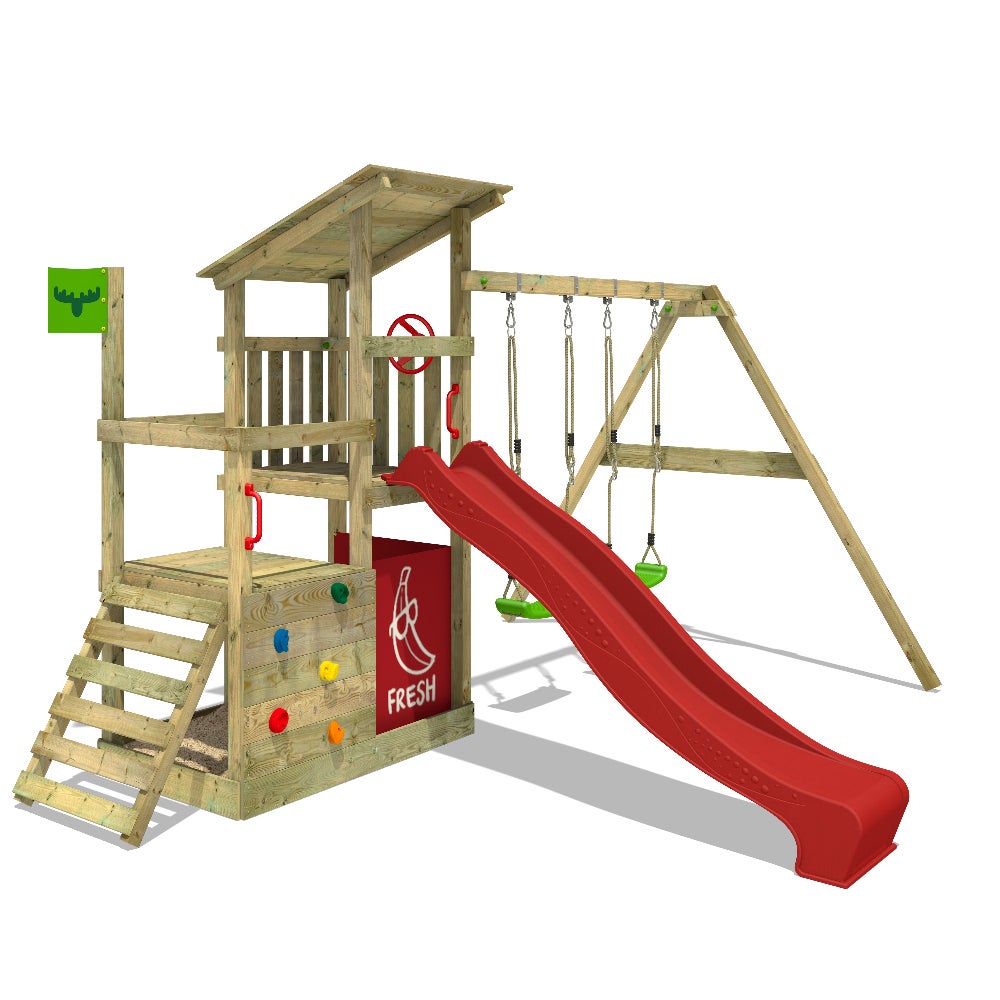 FATMOOSE Spielturm Klettergerüst FruityForest mit Schaukel und Rutsche, Kletterturm mit Sandkasten, Leiter und Spiel-Zubehör - rot