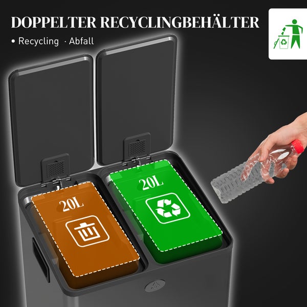 Doppelter Recycling-Mülleimer mit zwei 20 Liter Fächern für Abfall und Recycling, beide Deckel geöffnet, Hand hält eine Kunststoffflasche.