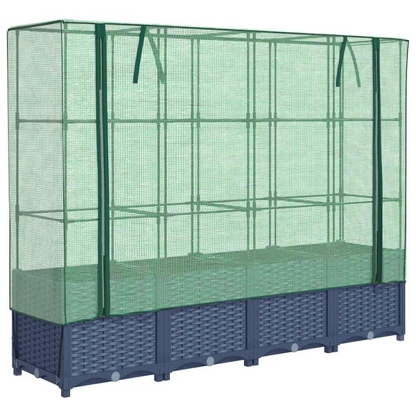 Hochbeet mit Foliengewächshaus aus Kunststoff in Rattan Optik für Garten und Balkon.