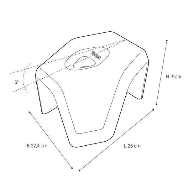 stuul Hocker mit stuul Logo und Abmessungen: Höhe 19 Zentimeter, Breite 22,4 Zentimeter, Länge 26 Zentimeter, Neigungswinkel 5 Grad.