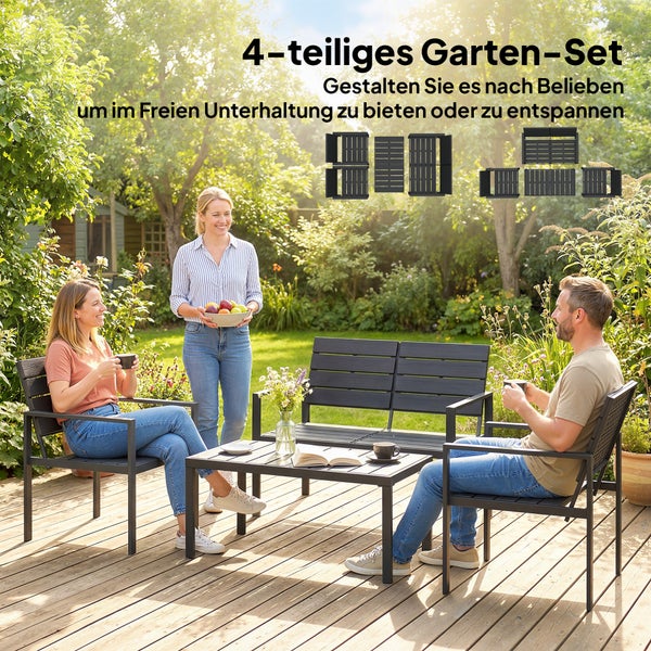 Outsunny Gartenmöbel Set Sitzgruppe für 4 Personen Gartenlounge mit 2er Sofa 2 Sessel, Breitem Beistelltisch Lamellendesign, Wetterfest Outdoor Balkonmöbel Terrassenmöbel für Garten Balkon Schwarz