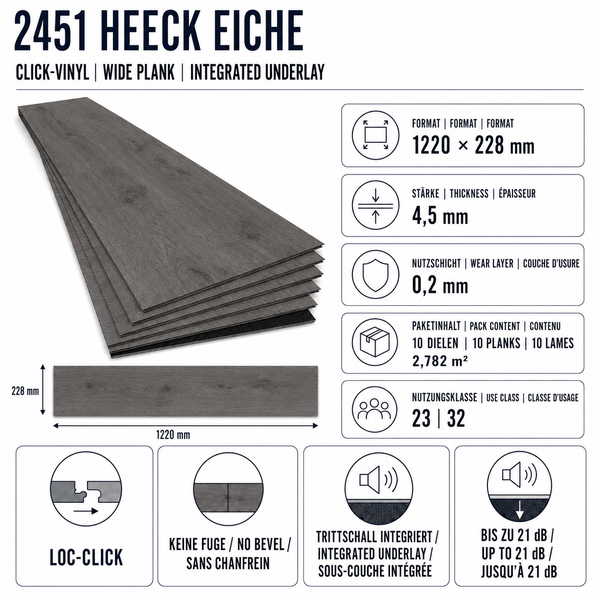 Infografik zu Click Vinyl Bodenbelag Heeck Eiche mit technischen Produktdaten und Verlegeeigenschaften.