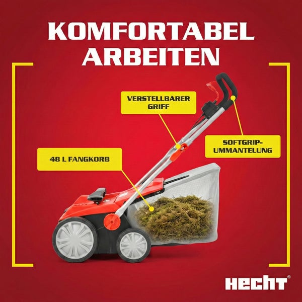 Hecht Vertikutierer mit 48 Liter Fangkorb und verstellbarem Griff