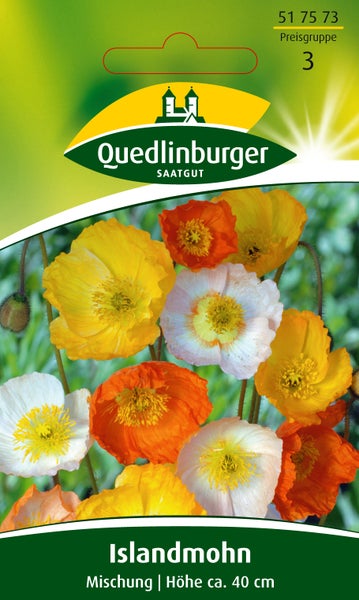 Samenpackung für Islandmohn-Mischung, Wuchshöhe circa 40 Zentimeter, mit gelben, orangefarbenen und weißen Blüten, Quedlinburger Logo.