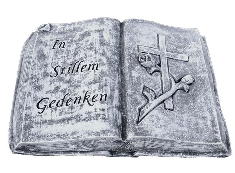 Grabschmuck Buch in Steinoptik mit der Inschrift In stillem Gedenken und einem Kreuz mit Rosenmotiv