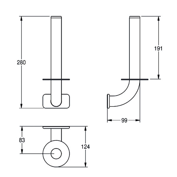 Technische Zeichnung eines Produkts mit Frontansicht, Seitenansicht und Draufsicht sowie Maßangaben 280, 191, 99, 83 und 124 Millimeter.