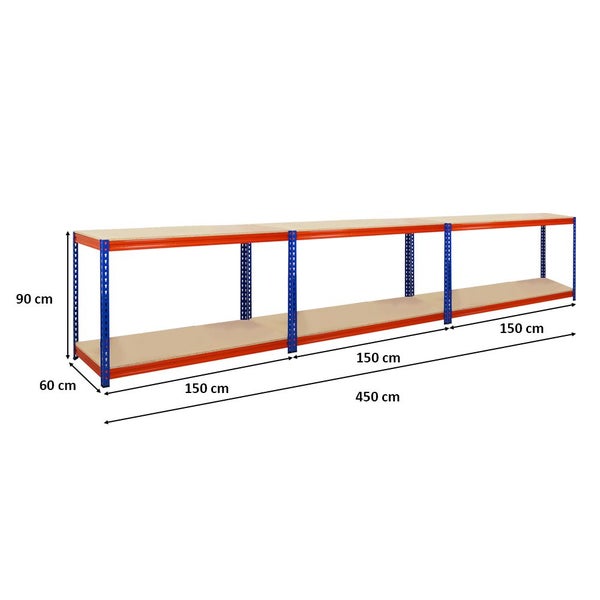 PROREGAL Mega Deal 3x Profi Werkbank STRONG BEAST, HxBxT 90x150x60cm mit Fachlast 500kg, 2 Ebenen, Blau-Orange