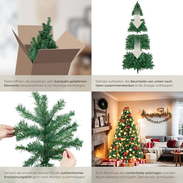 Künstlicher Weihnachtsbaum Aufbau in vier Schritten: Auspacken, zusammensetzen, ausrichten und schmücken.