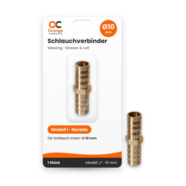 Gerader Schlauchverbinder aus Messing mit 10 Millimeter Durchmesser auf Blisterkarte von Orange Commerce Logo.