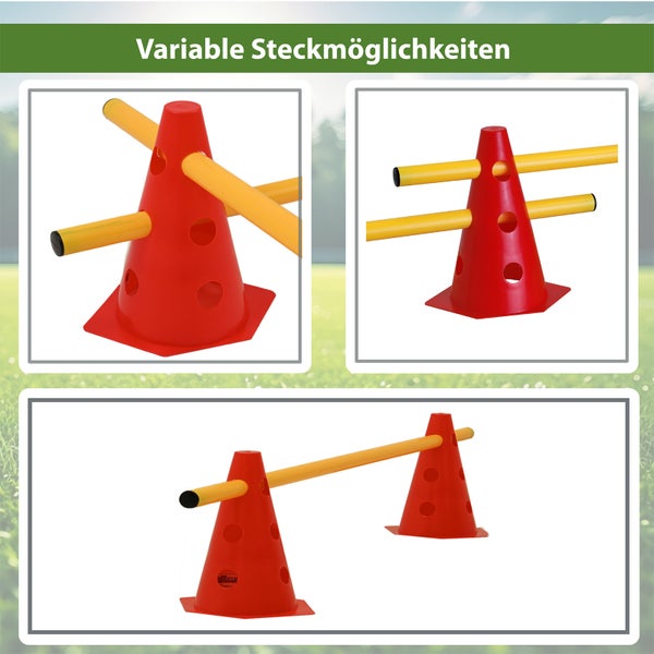 Trainingskegel Set mit Stangen für Agility Training als Hindernisparcours mit variablen Steckmöglichkeiten für Sport und Freizeit