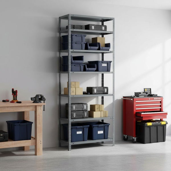 Ein heller, organisierter Werkstattraum mit einem hohen grauen Metallregal, blauen Boxen, einer hölzernen Werkbank und einem roten Werkzeugwagen.