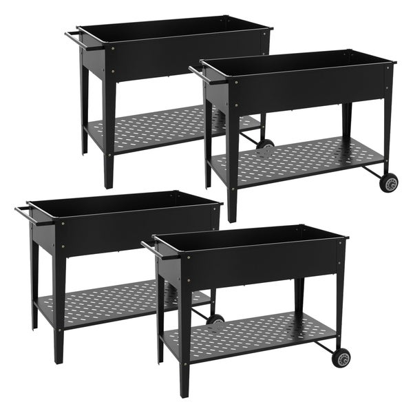 ML-Design 4er Set Metall Hochbeet fahrbar, 98x50x79,5 cm, Schwarz, Mobiler Pflanzkasten mit Ablage, Rädern und Griff, Pflanzbeet für Garten und Balkon, Gartenbeet Gemüsebeet Kräuterbeet Blumenkasten