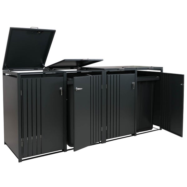 Mülltonnenbox für drei Mülltonnen mit geöffneten Türen und Deckeln
