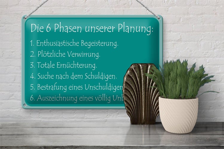 Blechschild Spruch 30x20cm Die 6 Phasen unserer Planung