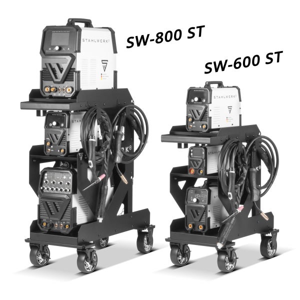 Zwei Stahlwerk Schweissgeräte SW-800 ST und SW-600 ST auf Wagen mit Rädern.