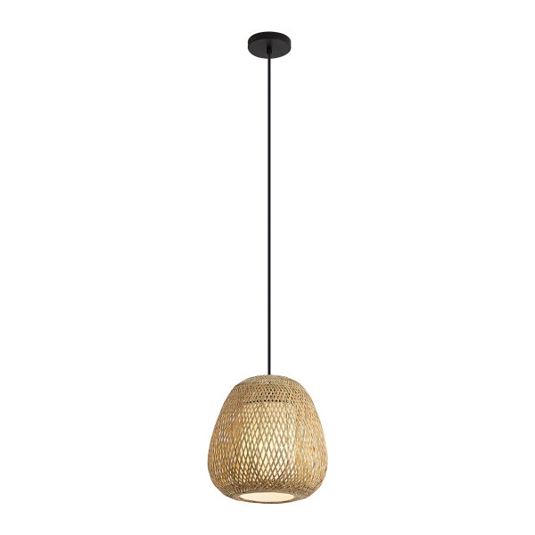 Moderne Pendelleuchte mit rundem geflochtenem Lampenschirm aus Holzgeflecht und innerem Stoffschirm an einem schlanken Kabel