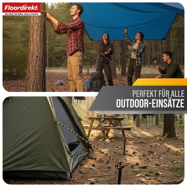 Zeltplatzszene mit Zelt, Picknicktisch und Personen unter einer Plane