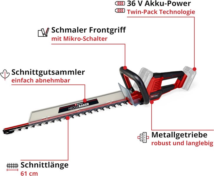 Einhell Akku Heckenschere mit 61 cm Schnittlänge, Metallgetriebe, abnehmbarem Schnittgutsammler und 36 Volt Twin Pack Technologie.