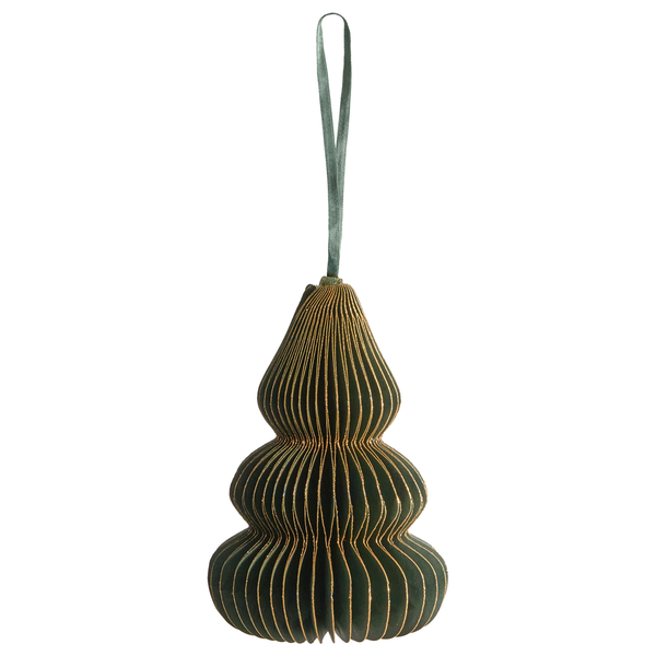 Dunkelgrüner Weihnachtsbaumanhänger in Tannenform aus Papier mit Wabenstruktur, Goldrand und Aufhängeschlaufe.