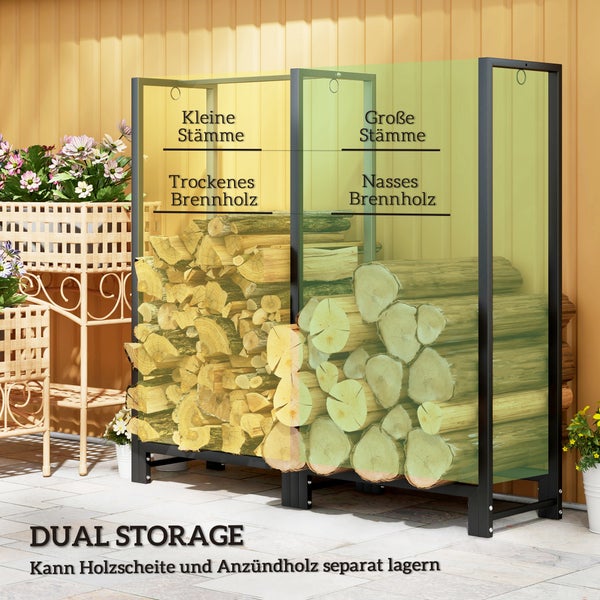 Outsunny Kaminholzregal, mit zwei Abschnitte, drei Haken, für Outdoor, Indoor, bis 200 kg, 123 x 32 x 115 cm, Stahl, Schwarz