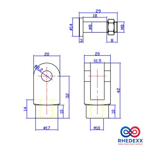 Technische Zeichnung eines Gabelkopfs mit Bolzen und Maßangaben in Millimetern. RHEDEXX Logo.