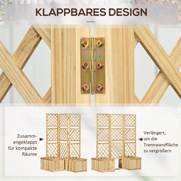 Outsunny Hochbeet mit Klappbarem Spalier, Pflanzkasten mit Sichtschutz, 133 x 165 cm Raumteiler mit 4 Blumenkasten, Raumtrenner für Balkon, Tannenholz, Natur
