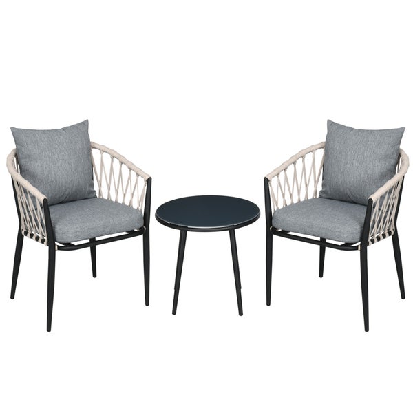 Outsunny 3tlg. Gartenmöbel Set, Garten-Bistroset inkl. 1 Tisch, 2 Stühlen mit Sitzkissen, Balkon-Set, für Terrasse, Balkon, 57L x 60B x 75H cm, Stahl, Grau